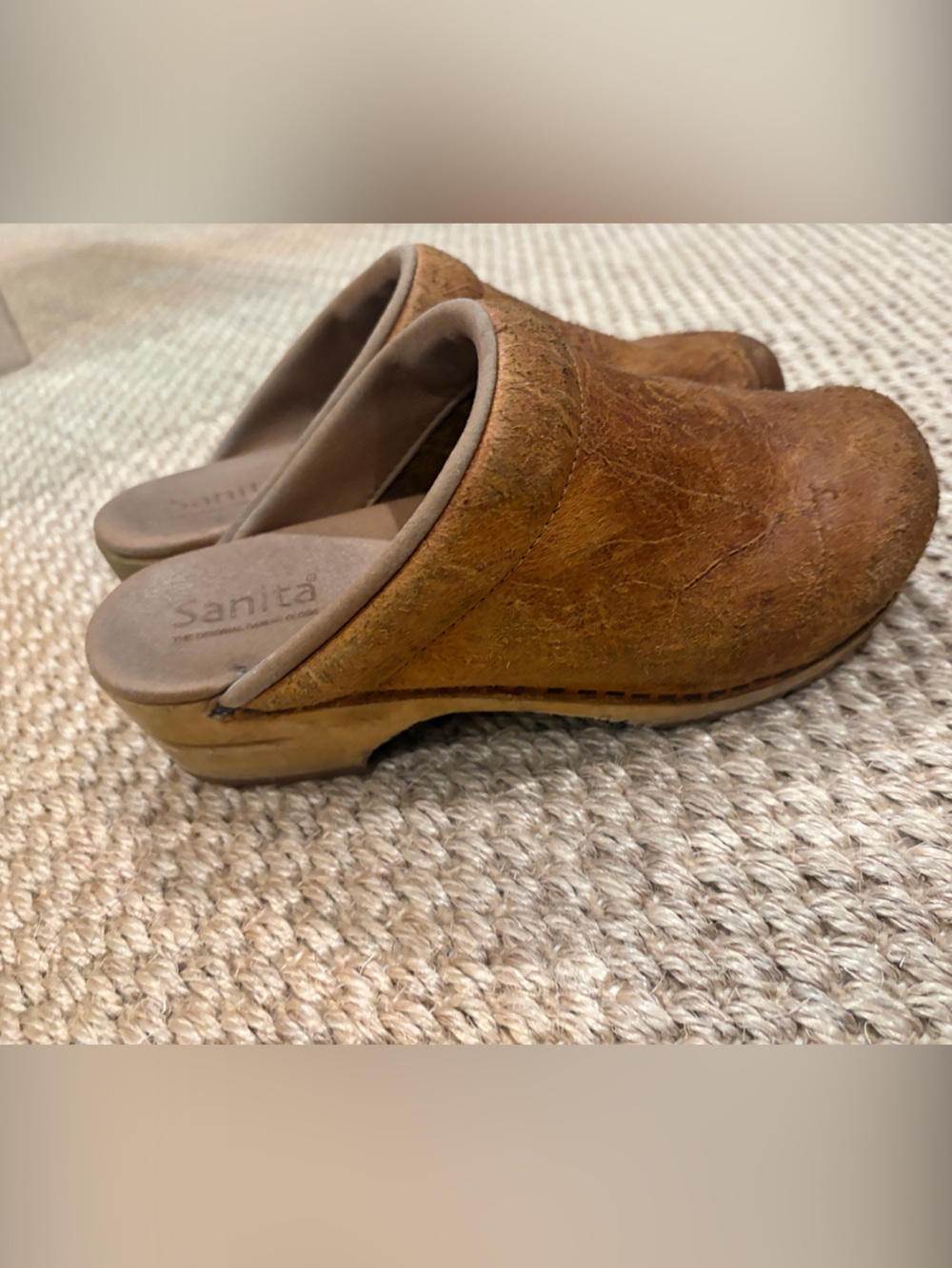 Sanita “Ellis” clog, Tan Suede Leather upper, molded wooden footbed